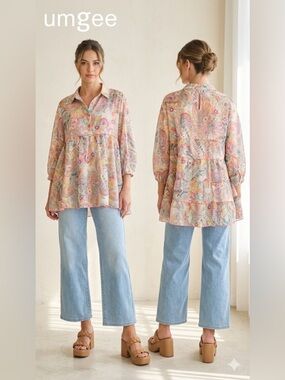 Umgee Paisley Tiered Peplum Blouse in Pink Multi Brand new with tags